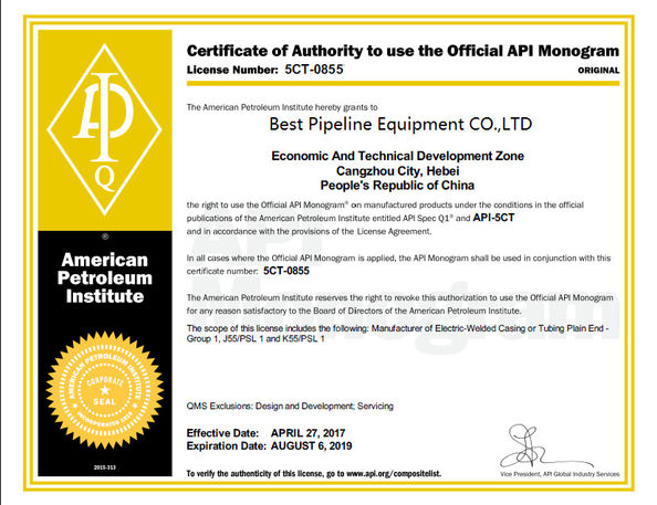 China BEST PIPELINE EQUIPMENT CO.,LTD certificaten